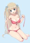  1girl :d barefoot bikini blonde_hair blue_background blue_eyes breasts cleavage front-tie_top happy highres long_hair navel open_mouth original revision side-tie_bikini simple_background sitting smile solo swimsuit tera_(teraura) twintails untied untied_bikini untying very_long_hair yokozuwari 