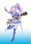  1girl alternate_costume belt blue_boots blue_skirt boots crossover cure_beat female guitar highres horn instrument kamen_rider kamen_rider_hibiki_(series) kamen_rider_todoroki kijinaka_mahiro kurokawa_eren marking_on_cheek parody ponytail precure purple_hair skirt solo suite_precure yellow_eyes 