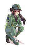  1girl ankle_boots ankle_wraps boots brown_eyes brown_hair gloves hat highres imperial_japanese_navy kneeling long_hair longmei_er_de_tuzi military military_uniform original payot ponytail shadow simple_background soldier solo uniform white_background white_gloves world_war_ii 