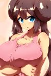  1girl bare_shoulders blue_eyes breasts brown_hair hair_bun huge_breasts long_hair looking_at_viewer mei_(pokemon) parted_lips pokemon pokemon_(game) pokemon_bw solo tokyo_(great_akuta) 