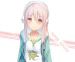  1girl blush breasts cleavage headphones large_breasts long_hair looking_at_viewer nitroplus pink_eyes pink_hair pom_pom_(clothes) smile solo super_sonico 