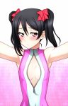  1girl bare_shoulders black_hair blush embarrassed front_zipper_swimsuit gradient gradient_background highres kenken love_live!_school_idol_project one-piece_swimsuit red_eyes short_hair small_breasts solo swimsuit twintails yazawa_nico zipper 