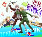  6+boys ahoge america_(hetalia) anger_vein axis_powers_hetalia bear bird blonde_hair boots brown_hair canada_(hetalia) chibi cod commentary denmark_(hetalia) fighting finland_(hetalia) fish food green_eyes grin hamburger hat historical_event hong_kong_(hetalia) iceland_(hetalia) icelandic_flag ishizue_ei kumajirou_(hetalia) male_focus military military_uniform multiple_boys norway_(hetalia) open_mouth puffin sailor sealand_(hetalia) smile sweat sweden_(hetalia) uniform union_jack united_kingdom_(hetalia) violet_eyes 