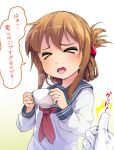  &gt;_&lt; 1girl admiral_(kantai_collection) akama_zenta brown_hair closed_mouth coffee_cup folded_ponytail gloves inazuma_(kantai_collection) kantai_collection long_hair long_sleeves neckerchief open_mouth out_of_frame school_uniform serafuku solo tears thumbs_up tongue tongue_out translated wavy_mouth 