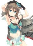  &gt;:) 1girl armpits arms_up bare_shoulders beret black_gloves blue_eyes breasts brown_hair choker cleavage cowboy_shot gloves gradient_skirt hair_ribbon hands_on_own_head hat headgear kantai_collection looking_at_viewer maya_(kantai_collection) midriff mini_hat neckerchief remodel_(kantai_collection) ribbon sailor_collar short_hair simple_background smile solo white_background yuragi_(sdmzonari) 