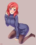 1girl :d blush dated highres looking_at_viewer love_live!_school_idol_project nishikino_maki open_mouth pantyhose redhead ribbed_sweater short_hair simple_background smile solo sweater sweater_dress turtleneck violet_eyes yu-ta 