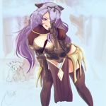 2girls :q bent_over black_legwear breasts camilla_(fire_emblem_if) character_request cleavage fire_emblem fire_emblem_if gauntlets godsh0t hair_over_one_eye looking_at_viewer multiple_girls naughty_face purple_hair solo_focus thigh-highs tongue tongue_out translated violet_eyes 