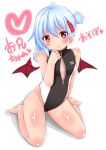  1girl alternate_hairstyle bat_wings black_swimsuit blue_hair blush front_zipper_swimsuit hair_bun hair_ornament hairclip highleg highleg_swimsuit nyt_(nagane) one-piece_swimsuit red_eyes remilia_scarlet sitting smile solo swimsuit tongue tongue_out touhou unzipped wariza wings zipper 