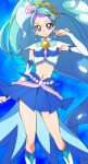  1girl blue_background blue_eyes blue_hair blue_skirt cure_mermaid earrings go!_princess_precure jewelry kaidou_minami long_hair looking_at_viewer magical_girl manji_(tenketsu) midriff multicolored_hair navel precure purple_hair skirt solo two-tone_hair very_long_hair 