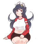  1girl belly breasts filia_(skullgirls) inkerton-kun large_breasts midriff navel red_eyes samson_(skullgirls) simple_background sitting skullgirls solo thighs white_background 