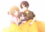  3boys axis_powers_hetalia black_hair blush brothers brown_hair bulgaria_(hetalia) closed_eyes fangs green_eyes long_sleeves male_focus mgmgkyun moldova_(hetalia) multiple_boys romania_(hetalia) siblings sleeping smile under_covers 