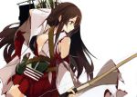  1girl absurdres akagi_(kantai_collection) archery arm_up arrow bow_(weapon) breasts brown_eyes brown_hair hakama highres holding japanese_clothes kantai_collection kyuudou long_hair muneate open_clothes pleated_skirt quiver scan shirokitsune simple_background skirt solo tasuki thigh-highs torn_clothes very_long_hair weapon white_background white_legwear 