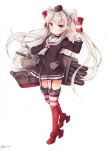  1girl absurdres amatsukaze_(kantai_collection) brown_eyes dress full_body gloves hairband highres kantai_collection long_hair nyanya rensouhou-kun sailor_dress scan short_dress silver_hair solo thigh-highs turret two_side_up uniform very_long_hair white_background zettai_ryouiki 