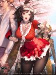  1girl 2boys arm_holding breasts brown_eyes brown_hair cherry_blossoms cleavage fishnets heart heart_necklace highres jewelry large_breasts multiple_boys necklace nightmadness original pointing short_hair smile thick_thighs thighs 