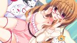  1girl breasts brown_hair cat cleavage glasses kinoko5123 long_hair looking_at_viewer open_mouth original smile solo 
