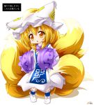  1girl ankle_cuffs blonde_hair chestnut_mouth dress fox_tail hands_up hat head_tilt kazami_karasu long_sleeves multiple_tails no_shoes short_hair simple_background solo tabard tail touhou translation_request white_background white_dress yakumo_ran yellow_eyes 