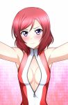 1girl bare_shoulders blush breasts embarrassed front_zipper_swimsuit gradient gradient_background highres kenken looking_at_viewer love_live!_school_idol_project nishikino_maki one-piece_swimsuit redhead short_hair solo swimsuit violet_eyes zipper 