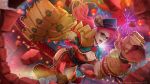  1girl blue_eyes cleavage_cutout cowboy_shot debris dutch_angle fireworks gauntlets hat highres horns league_of_legends long_hair magion02 pink_hair ponytail side_slit signature single_spaulder solo sunglasses vi_(league_of_legends) watermark web_address 