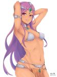  1girl armpits arms_behind_head bracelet breasts circlet cleavage dancer&#039;s_costume_(dq) dark_skin dragon_quest dragon_quest_iv earrings jewelry kaeru_otoko loincloth long_hair manya midriff navel parted_lips purple_hair revealing_clothes showing_armpits sideboob solo violet_eyes 