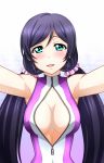  1girl bare_shoulders blush breasts front_zipper_swimsuit gradient gradient_background green_eyes highres kenken large_breasts long_hair looking_at_viewer love_live!_school_idol_project one-piece_swimsuit purple_hair solo swimsuit toujou_nozomi twintails zipper 