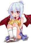  1girl bare_arms bare_shoulders bat_wings blue_hair blush cheerleader flying_sweatdrops nyt_(nagane) open_mouth pointy_ears pom_poms ponytail red_eyes remilia_scarlet shirt sitting skirt solo touhou wings 