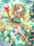  1girl :d angel anklet barefoot blonde_hair blush breasts bush cleavage dress flower hair_flower hair_ornament halo jewelry long_hair open_mouth smile solo sparkle staff very_long_hair vines violet_eyes wings 