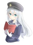  1girl alternate_costume aqua_eyes aqua_hair book gloves hat hibiki_(kantai_collection) highres kantai_collection long_hair long_sleeves looking_at_viewer mizukoshi_(marumi) neckerchief sailor sailor_collar sailor_hat silver_hair simple_background smile solo upper_body verniy_(kantai_collection) white_background white_gloves 