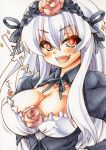  1girl black_dress bonnet bouncing_breasts breasts cleavage colored_pencil_(medium) dress flower hair_flower hair_ornament juliet_sleeves large_breasts long_hair long_sleeves marker_(medium) millipen_(medium) open_mouth puffy_sleeves red_eyes red_rose rose rozen_maiden shirt silver_hair smile solo sparkle suigintou traditional_media upper_body very_long_hair white_hair yutakasan-love 