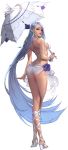  1girl absurdly_long_hair alpha_transparency ass back bare_shoulders bikini blue_hair bracelet braid breasts chaos_heroes_online fingernails flower hair_ornament highres holding jewelry lips long_fingernails long_hair looking_at_viewer looking_back love_cacao medusa_(chaos_online) official_art parted_lips pink_eyes rose sarong shoes sideboob simple_background solo strap_gap swimsuit transparent_background umbrella very_long_hair 