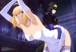  2girls absurdres ahoge angry armpits artoria_pendragon_(all) bent_over blonde_hair bow candle candlestand cape caster choker dress dress_lift elbow_gloves fate/stay_night fate_(series) from_below garter_straps gloves hair_bow highres hood indoors looking_back multiple_girls restrained saber short_hair smile statue sweatdrop thigh-highs white_dress white_gloves white_legwear 