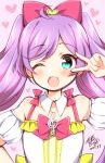  1girl ;d aqua_eyes bare_shoulders blush bow dated hair_bow heart long_hair looking_at_viewer manaka_lala musical_note one_eye_closed open_mouth puri_para purple_hair smile solo tsukudani_norio twintails v 