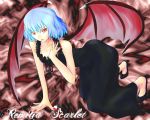  1girl :o all_fours alternate_costume bat_wings black_dress blue_hair character_name dress fang gutchon red_eyes remilia_scarlet short_hair touhou wings 