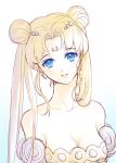  1girl bare_shoulders bishoujo_senshi_sailor_moon blonde_hair blue_eyes collarbone crescent double_bun dress earrings facial_mark forehead_mark hair_ornament hairclip head_tilt jewelry light_smile long_hair looking_at_viewer parted_lips princess_serenity shainea strapless_dress tsukino_usagi twintails 