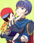  2boys aqua_eyes armor backpack bag baseball_cap blue_hair bracer cape fingerless_gloves fire_emblem fire_emblem:_mystery_of_the_emblem gloves hands_on_another&#039;s_face hat marth mother_(game) mother_2 multiple_boys ness nintendo open_mouth shirt short_hair shorts shoulder_pads solid_oval_eyes striped striped_shirt super_smash_bros. t-shirt tiara 