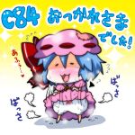  1girl :3 bat_wings blue_hair bow brooch chibi commentary_request detached_wings hair_between_eyes hair_bow jewelry minigirl mob_cap noai_nioshi open_mouth patch red_bow remilia_scarlet short_hair solo touhou wings 