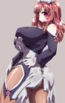  1girl ass bare_shoulders breasts gloves grey_background huge_breasts la_pucelle pantyhose prier red_eyes redhead simple_background solo thick_thighs thighs tokyo_(great_akuta) 