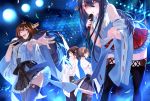  4girls bare_shoulders black_hair brown_eyes brown_hair detached_sleeves hairband haruna_(aoki_hagane_no_arpeggio) haruna_(kantai_collection) hiei_(kantai_collection) highres honeycomb_background japanese_clothes joseph_lee kantai_collection kirishima_(kantai_collection) kongou_(kantai_collection) long_hair microphone multiple_girls no_legwear nontraditional_miko one_eye_closed open_mouth pantyhose plaid plaid_skirt ribbon-trimmed_sleeves ribbon_trim siblings sisters skirt smile thigh-highs 