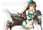  1girl black_gloves breasts brown_hair cannon character_name choker choukai_(kantai_collection) cleavage ginger_(syoga) glasses gloves hair_ornament hat kantai_collection long_hair machinery midriff red_eyes remodel_(kantai_collection) rimless_glasses skirt solo turret 