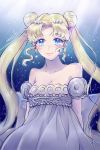  1girl bangs bare_shoulders bishoujo_senshi_sailor_moon blue_background blue_eyes detached_sleeves double_bun dress earrings gradient gradient_background hair_ornament hairclip jewelry light_smile long_hair looking_at_viewer parted_bangs pearl princess_serenity puffy_short_sleeves puffy_sleeves shainea short_sleeves signature solo strapless_dress tears tsukino_usagi twintails white_dress 