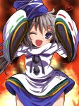  1girl harusame_(unmei_no_ikasumi) hat hat_ribbon heart long_sleeves mononobe_no_futo one_eye_closed open_mouth ribbon shirt silver_hair skirt sleeves_past_wrists smile solo touhou wide_sleeves 