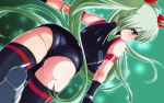  1girl einhart_stratos fate_testarossa_(cosplay) gloves green_hair highres long_hair lyrical_nanoha mahou_shoujo_lyrical_nanoha_vivid red_eyes solo tappa_(esperanza) thigh-highs 