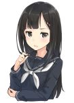  1girl black_eyes black_hair blush disapproving_stare frown hair_ornament hair_tussle hairclip long_hair looking_at_viewer max_melon_teitoku open_mouth original playing_with_own_hair school_uniform serafuku simple_background solo upper_body white_background 