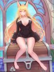  1girl animal_ears black_clothes blonde_hair breasts chestnut_mouth cleavage dress dungeon_and_fighter highres large_breasts long_hair looking_at_viewer open_mouth orange_eyes short_dress sitting solo tasselcat very_long_hair 