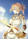  1girl blonde_hair blue_eyes blue_sky bodystocking braid breasts character_request covered_navel french_braid gloves glowing glowing_sword glowing_weapon lips making_of pas_(paxiti) short_ponytail sky solo sword uniform weapon white_gloves 
