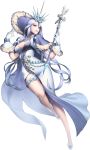  1girl alternate_costume blue_eyes breasts chaos_heroes_online full_body gloves herjuna highres jewelry long_hair love_cacao necklace official_art purple_hair shoes simple_background snowflakes solo staff transparent_background very_long_hair 