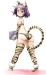  1girl animal_ears ass bare_shoulders blush choker commentary_request elbow_gloves eyebrows flat_chest gloves kemonomimi_mode kototora looking_at_viewer original purple_hair short_hair solo tail thigh-highs tiger_ears tiger_print tiger_tail tubetop violet_eyes yohane 