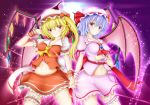  2girls adapted_costume asymmetrical_wings bat_wings blonde_hair dress flandre_scarlet highres holding_hands interlocked_fingers lavender_hair light_particles long_hair looking_at_another looking_at_viewer mob_cap multiple_girls navel_cutout red_dress red_eyes remilia_scarlet short_hair side_ponytail sturm_(arowana_kingyo) touhou wings wrist_cuffs 