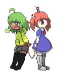  2girls cyclops dress green_hair highres multiple_girls one-eyed robot smile terraria the_twins_(terraria) white_skin 