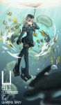  1girl black_legwear blue_eyes blurry character_name depth_of_field fish gloves gnity hat headgear jacket jellyfish kantai_collection long_hair looking_at_viewer ocean silver_hair submerged tortoise turtle u-511_(kantai_collection) underwater 
