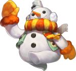  alternate_costume artist_request black_eyes bucket bucket_on_head carrot chaos_heroes_online earmuffs full_body mittens no_humans object_on_head official_art running scarf simple_background smile snowman solo stonecold_(chaos_online) transparent_background winter 
